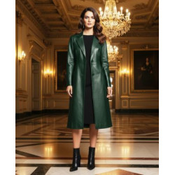 dlouhý kožený kabát v elegantní lahvově zelené barvě